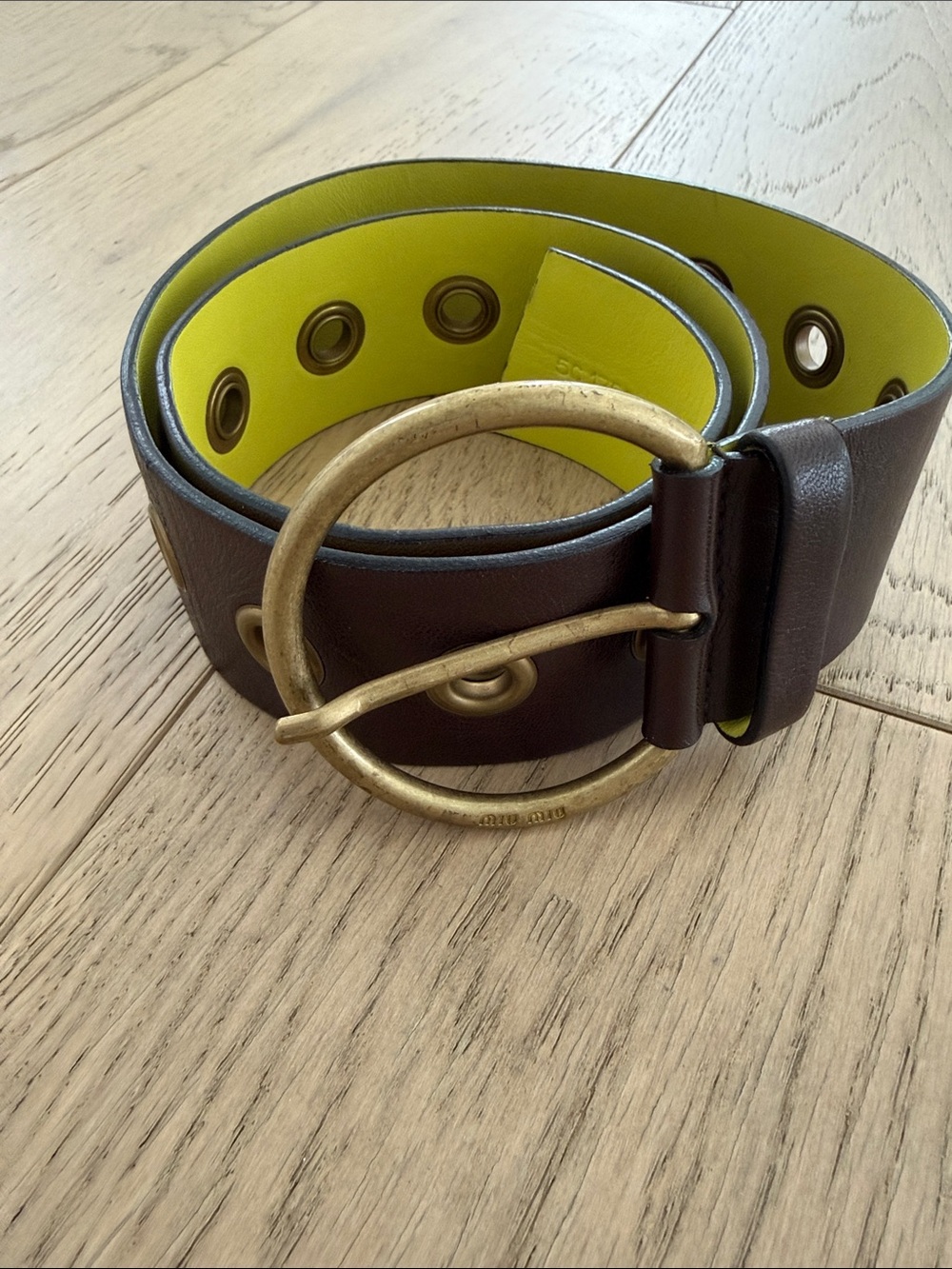 Miu Miu Brown Leather Belt with lime  Lining and Brass Ring Buckle.